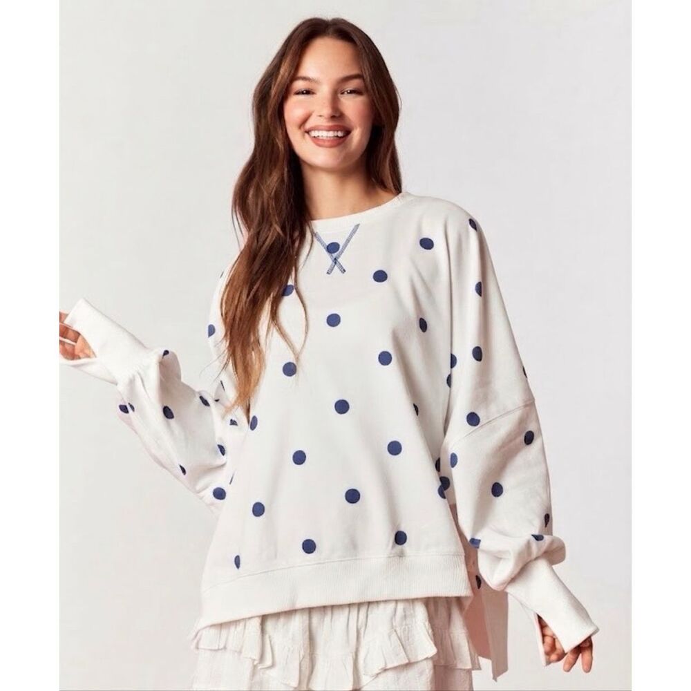 #2022. Peach Love CA Off White/Navy Polka Dot Oversized French Terry  Sweatshirt